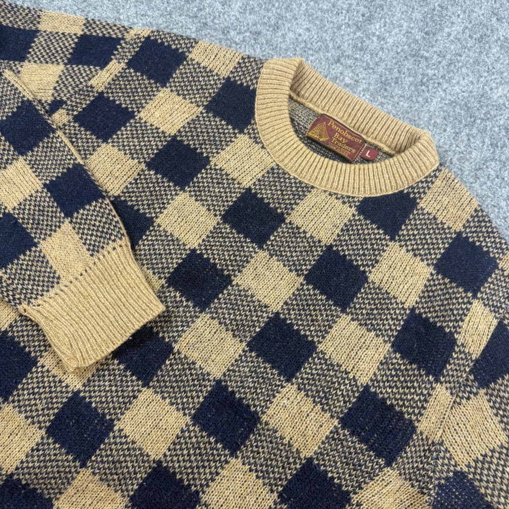 Penobscot Sweater Mens Large Tan Navy Buffalo Plaid Vintage USA Grandpa